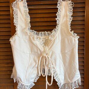 Nuuly/Anthropologie White Lace Tie Front Ruffle LaceTank Size M